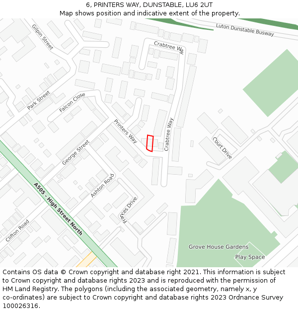 6, PRINTERS WAY, DUNSTABLE, LU6 2UT: Location map and indicative extent of plot