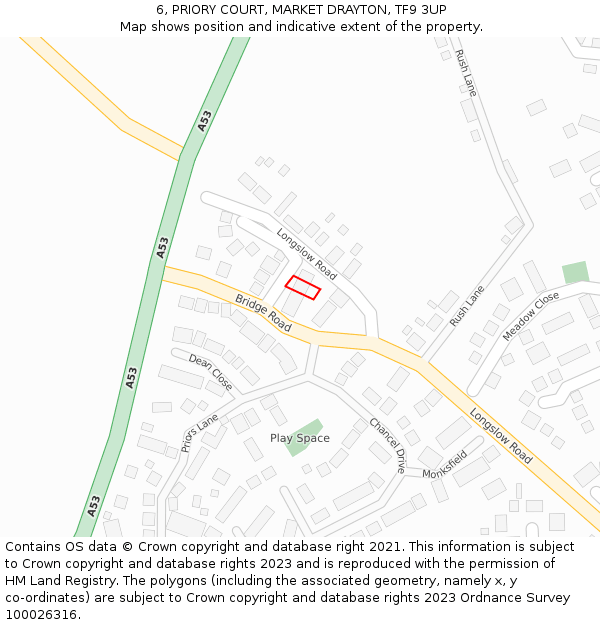 6, PRIORY COURT, MARKET DRAYTON, TF9 3UP: Location map and indicative extent of plot