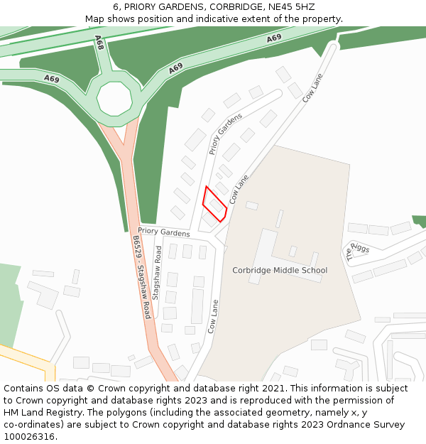 6, PRIORY GARDENS, CORBRIDGE, NE45 5HZ: Location map and indicative extent of plot