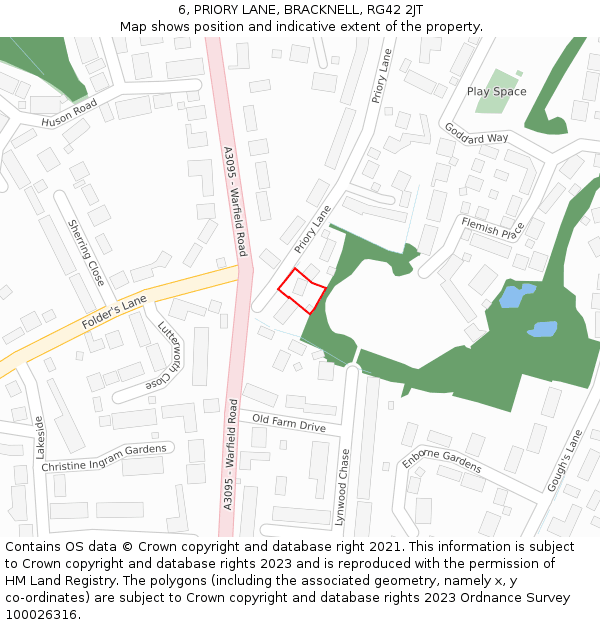 6, PRIORY LANE, BRACKNELL, RG42 2JT: Location map and indicative extent of plot