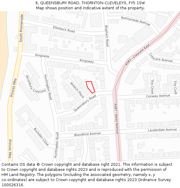 6, QUEENSBURY ROAD, THORNTON-CLEVELEYS, FY5 1SW: Location map and indicative extent of plot