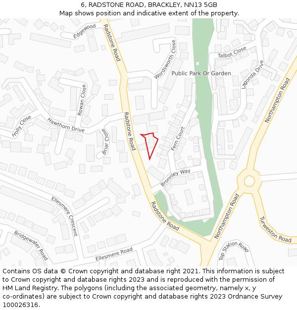 6, RADSTONE ROAD, BRACKLEY, NN13 5GB: Location map and indicative extent of plot