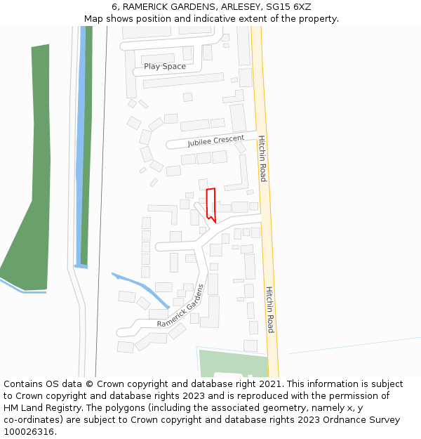 6, RAMERICK GARDENS, ARLESEY, SG15 6XZ: Location map and indicative extent of plot