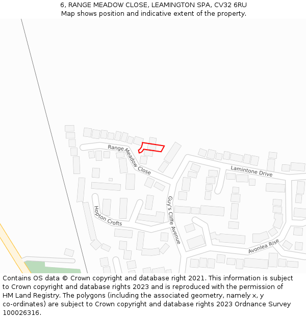 6, RANGE MEADOW CLOSE, LEAMINGTON SPA, CV32 6RU: Location map and indicative extent of plot