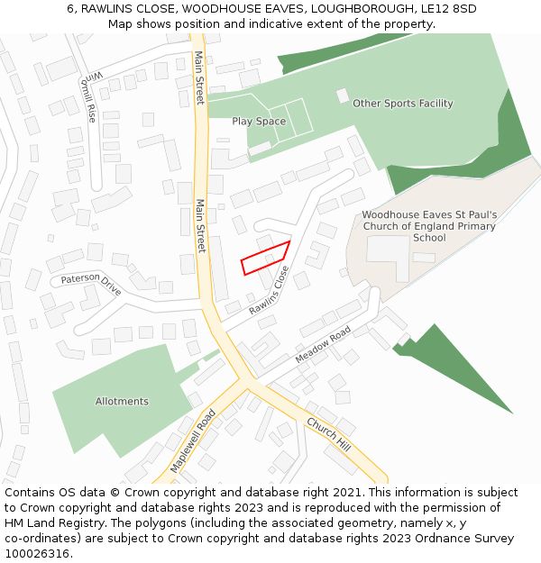 6, RAWLINS CLOSE, WOODHOUSE EAVES, LOUGHBOROUGH, LE12 8SD: Location map and indicative extent of plot