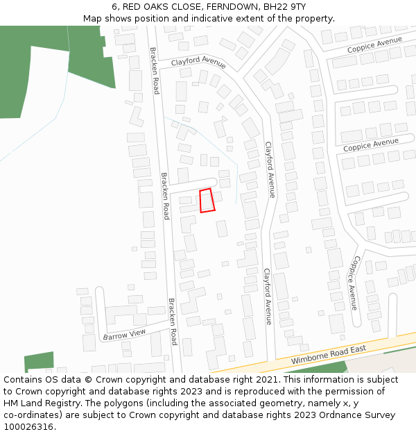 6, RED OAKS CLOSE, FERNDOWN, BH22 9TY: Location map and indicative extent of plot