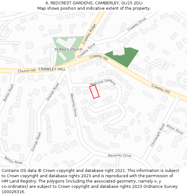6, REDCREST GARDENS, CAMBERLEY, GU15 2DU: Location map and indicative extent of plot