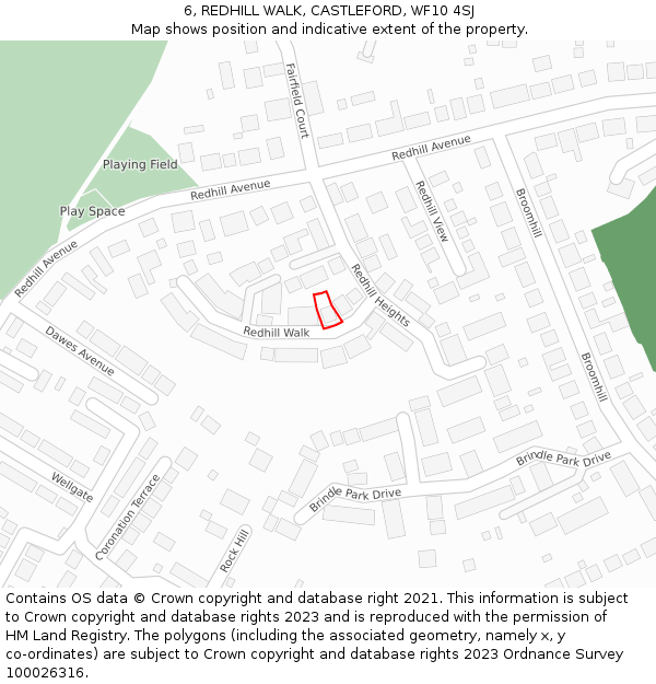 6, REDHILL WALK, CASTLEFORD, WF10 4SJ: Location map and indicative extent of plot