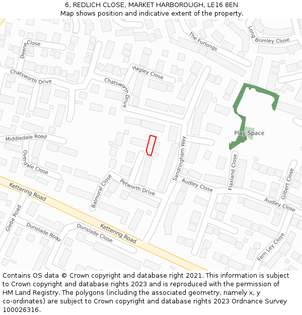 6, REDLICH CLOSE, MARKET HARBOROUGH, LE16 8EN: Location map and indicative extent of plot