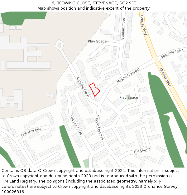 6, REDWING CLOSE, STEVENAGE, SG2 9FE: Location map and indicative extent of plot