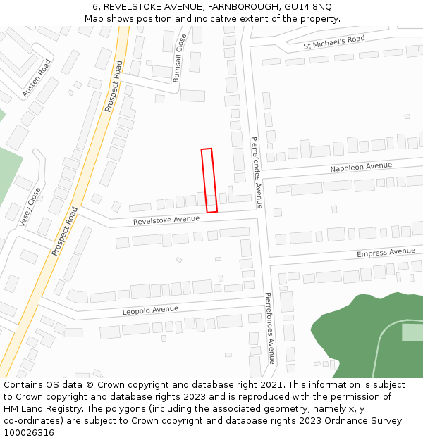 6, REVELSTOKE AVENUE, FARNBOROUGH, GU14 8NQ: Location map and indicative extent of plot