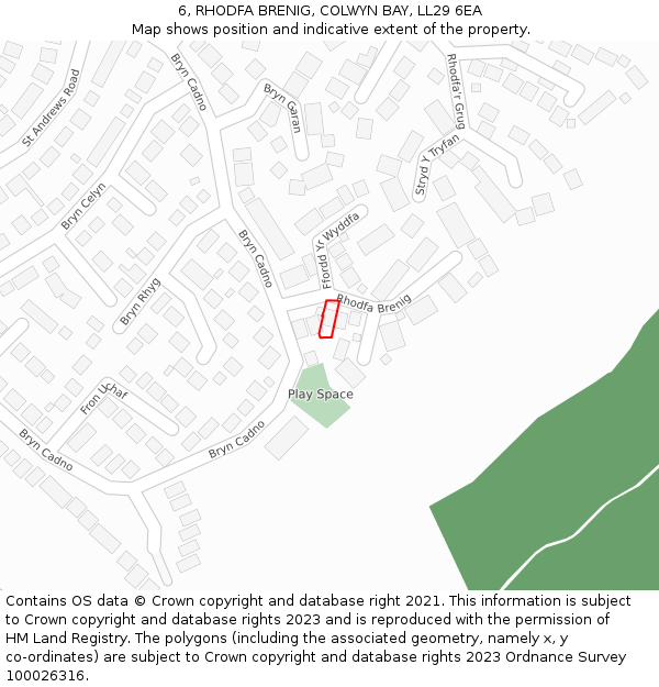 6, RHODFA BRENIG, COLWYN BAY, LL29 6EA: Location map and indicative extent of plot