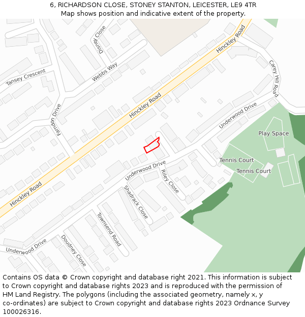 6, RICHARDSON CLOSE, STONEY STANTON, LEICESTER, LE9 4TR: Location map and indicative extent of plot