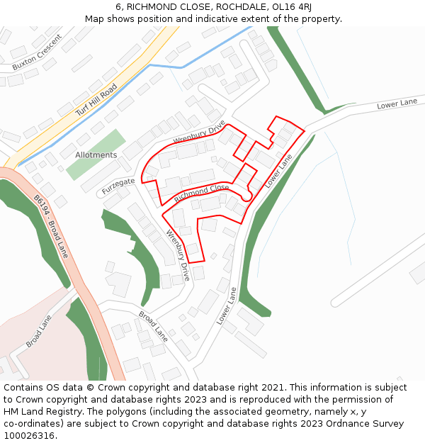 6, RICHMOND CLOSE, ROCHDALE, OL16 4RJ: Location map and indicative extent of plot