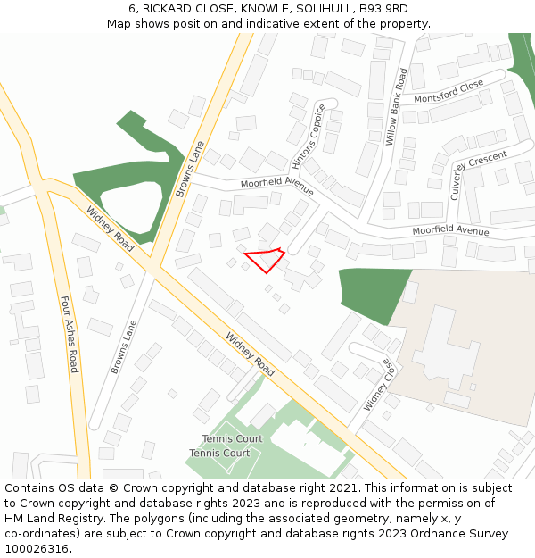 6, RICKARD CLOSE, KNOWLE, SOLIHULL, B93 9RD: Location map and indicative extent of plot