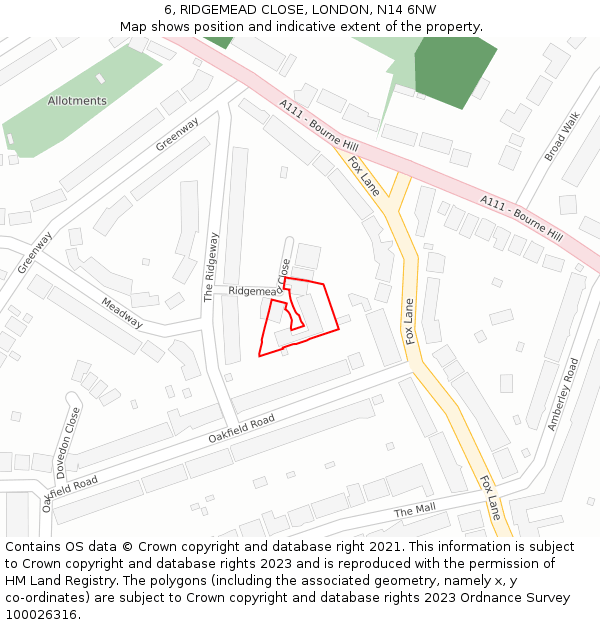 6, RIDGEMEAD CLOSE, LONDON, N14 6NW: Location map and indicative extent of plot