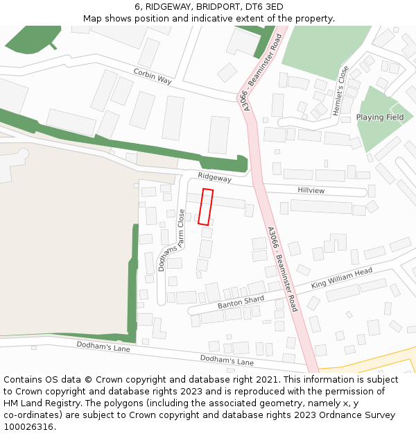 6, RIDGEWAY, BRIDPORT, DT6 3ED: Location map and indicative extent of plot