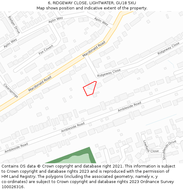 6, RIDGEWAY CLOSE, LIGHTWATER, GU18 5XU: Location map and indicative extent of plot