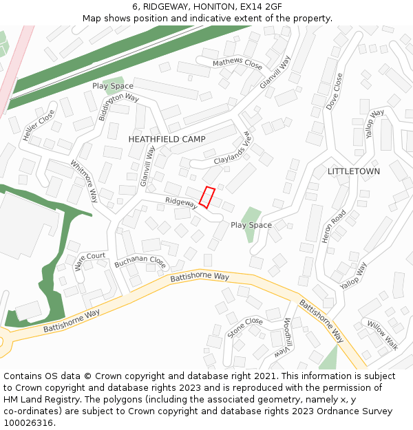6, RIDGEWAY, HONITON, EX14 2GF: Location map and indicative extent of plot