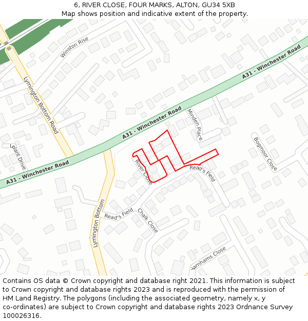 6, RIVER CLOSE, FOUR MARKS, ALTON, GU34 5XB: Location map and indicative extent of plot