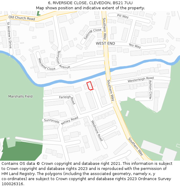 6, RIVERSIDE CLOSE, CLEVEDON, BS21 7UU: Location map and indicative extent of plot