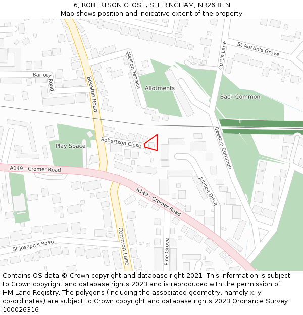 6, ROBERTSON CLOSE, SHERINGHAM, NR26 8EN: Location map and indicative extent of plot