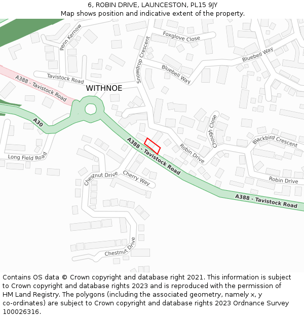 6, ROBIN DRIVE, LAUNCESTON, PL15 9JY: Location map and indicative extent of plot