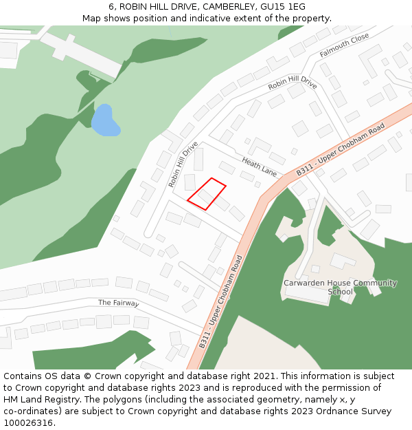 6, ROBIN HILL DRIVE, CAMBERLEY, GU15 1EG: Location map and indicative extent of plot