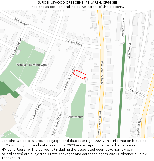 6, ROBINSWOOD CRESCENT, PENARTH, CF64 3JE: Location map and indicative extent of plot