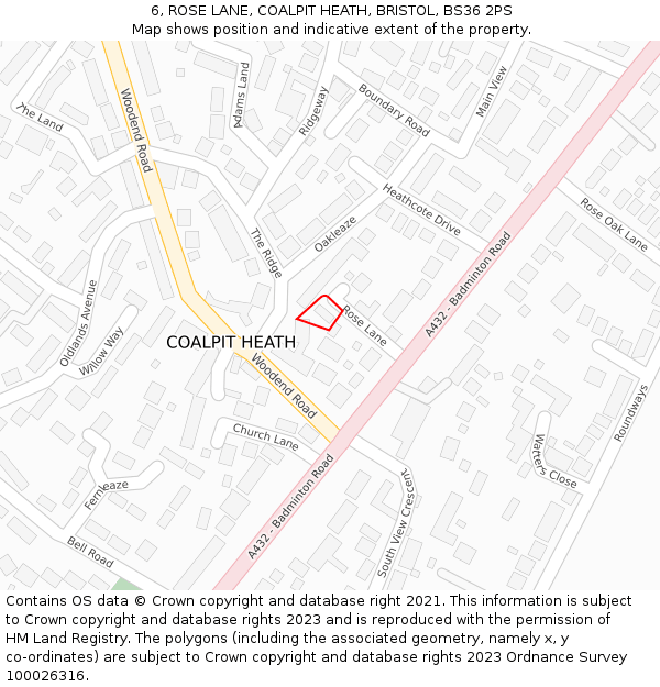 6, ROSE LANE, COALPIT HEATH, BRISTOL, BS36 2PS: Location map and indicative extent of plot