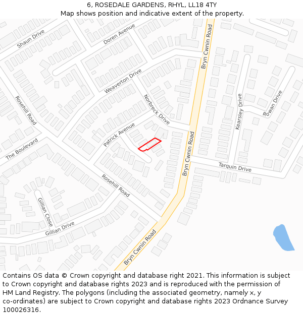 6, ROSEDALE GARDENS, RHYL, LL18 4TY: Location map and indicative extent of plot