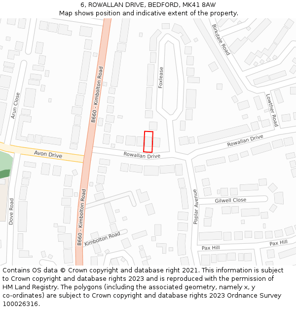 6, ROWALLAN DRIVE, BEDFORD, MK41 8AW: Location map and indicative extent of plot