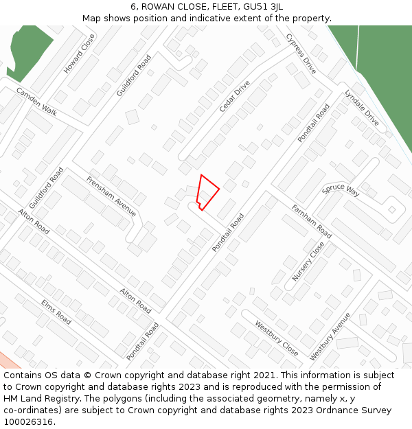 6, ROWAN CLOSE, FLEET, GU51 3JL: Location map and indicative extent of plot