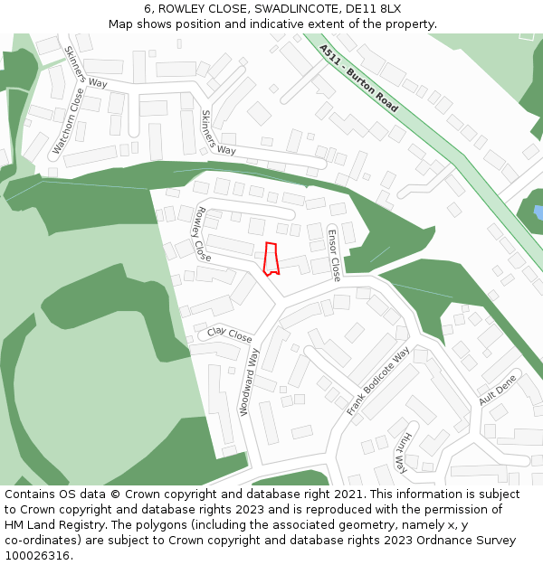 6, ROWLEY CLOSE, SWADLINCOTE, DE11 8LX: Location map and indicative extent of plot