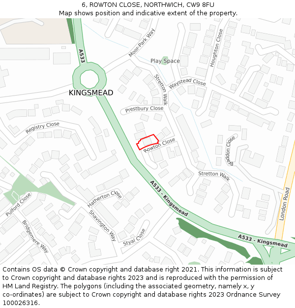 6, ROWTON CLOSE, NORTHWICH, CW9 8FU: Location map and indicative extent of plot