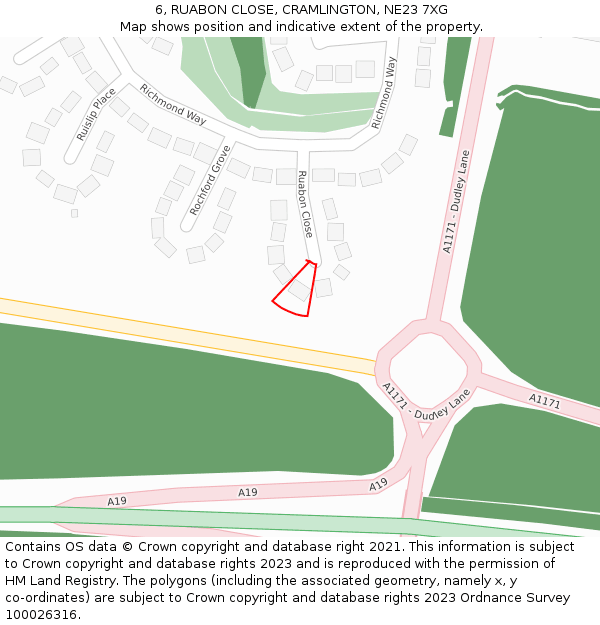 6, RUABON CLOSE, CRAMLINGTON, NE23 7XG: Location map and indicative extent of plot