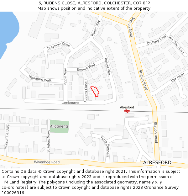 6, RUBENS CLOSE, ALRESFORD, COLCHESTER, CO7 8FP: Location map and indicative extent of plot