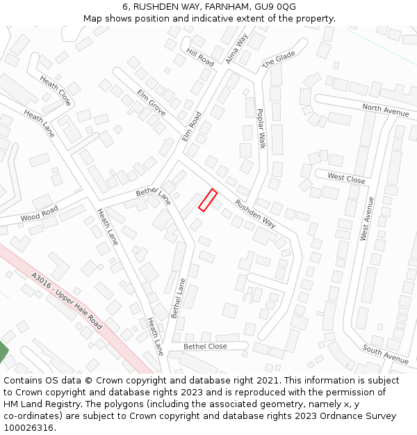 6, RUSHDEN WAY, FARNHAM, GU9 0QG: Location map and indicative extent of plot