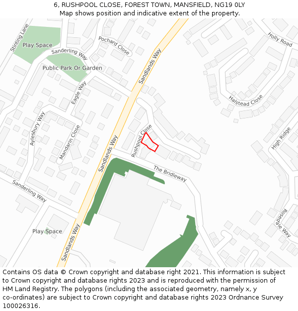 6, RUSHPOOL CLOSE, FOREST TOWN, MANSFIELD, NG19 0LY: Location map and indicative extent of plot