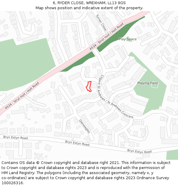 6, RYDER CLOSE, WREXHAM, LL13 9GS: Location map and indicative extent of plot