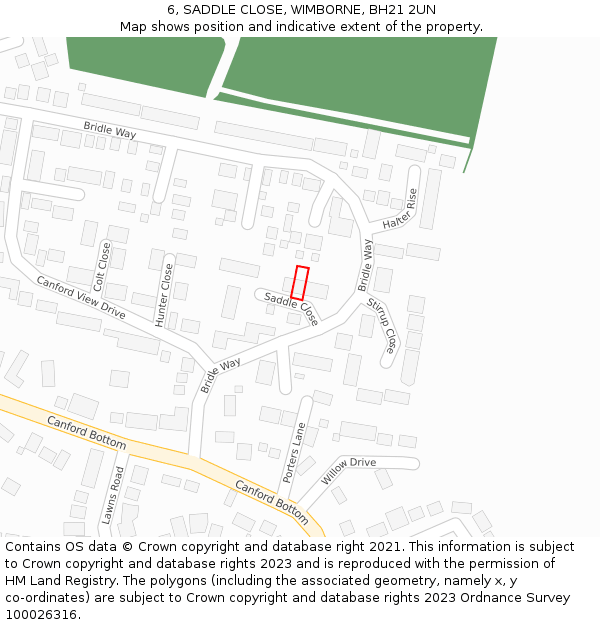6, SADDLE CLOSE, WIMBORNE, BH21 2UN: Location map and indicative extent of plot