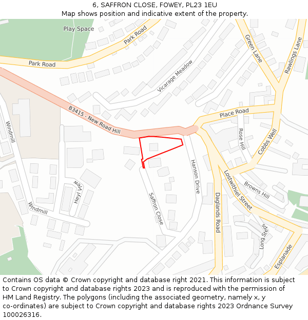6, SAFFRON CLOSE, FOWEY, PL23 1EU: Location map and indicative extent of plot