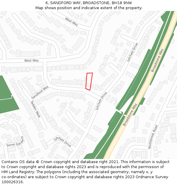 6, SANDFORD WAY, BROADSTONE, BH18 9NW: Location map and indicative extent of plot