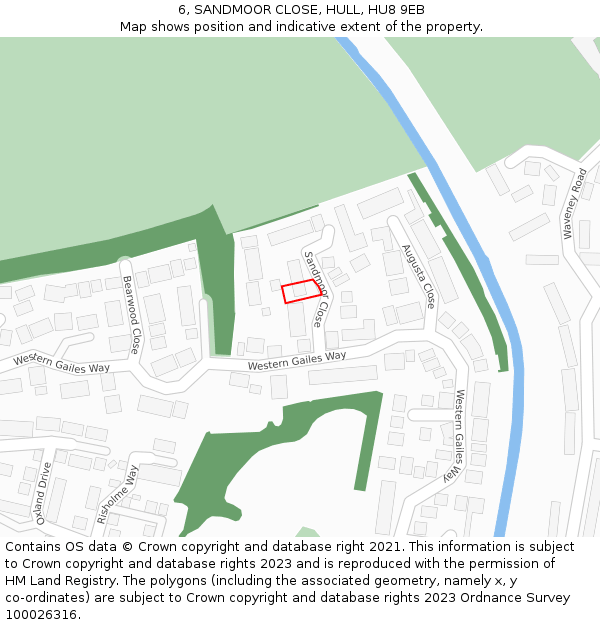 6, SANDMOOR CLOSE, HULL, HU8 9EB: Location map and indicative extent of plot