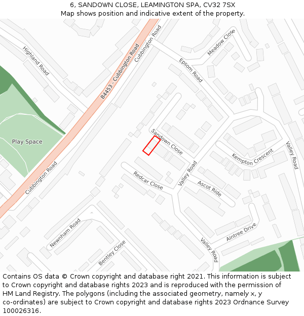 6, SANDOWN CLOSE, LEAMINGTON SPA, CV32 7SX: Location map and indicative extent of plot