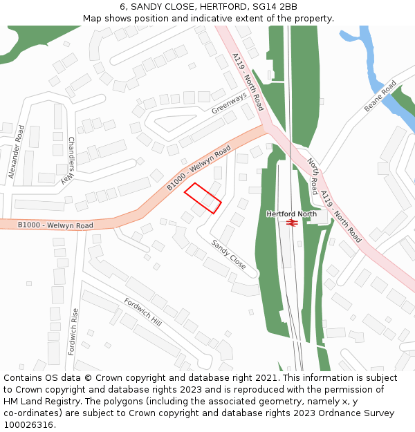 6, SANDY CLOSE, HERTFORD, SG14 2BB: Location map and indicative extent of plot