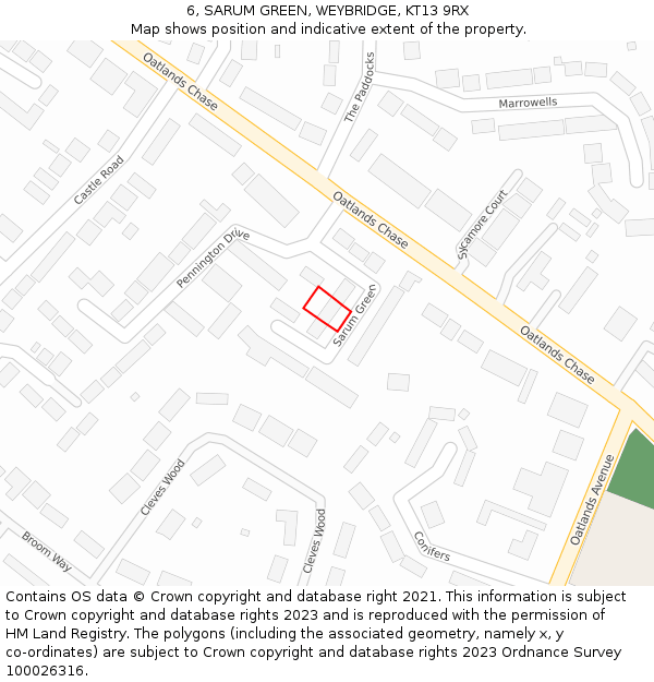6, SARUM GREEN, WEYBRIDGE, KT13 9RX: Location map and indicative extent of plot