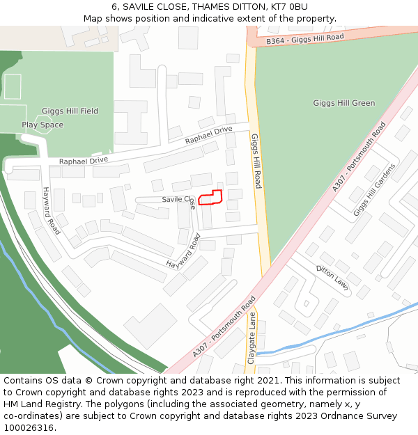 6, SAVILE CLOSE, THAMES DITTON, KT7 0BU: Location map and indicative extent of plot