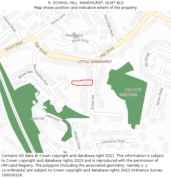 6, SCHOOL HILL, SANDHURST, GU47 8LD: Location map and indicative extent of plot