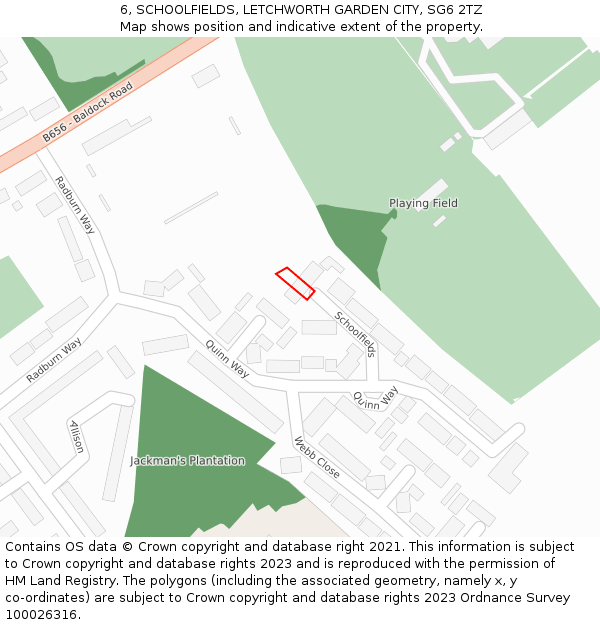 6, SCHOOLFIELDS, LETCHWORTH GARDEN CITY, SG6 2TZ: Location map and indicative extent of plot